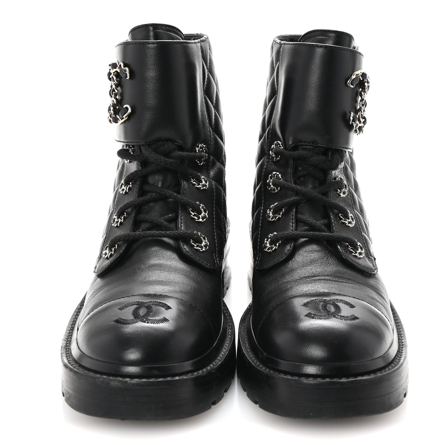 Shiny Lambskin Quilted Lace Up Combat Boots 37 Black