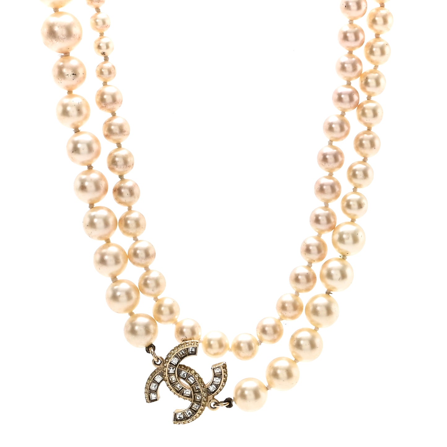 Graduated Pearl Crystal CC Long Necklace White