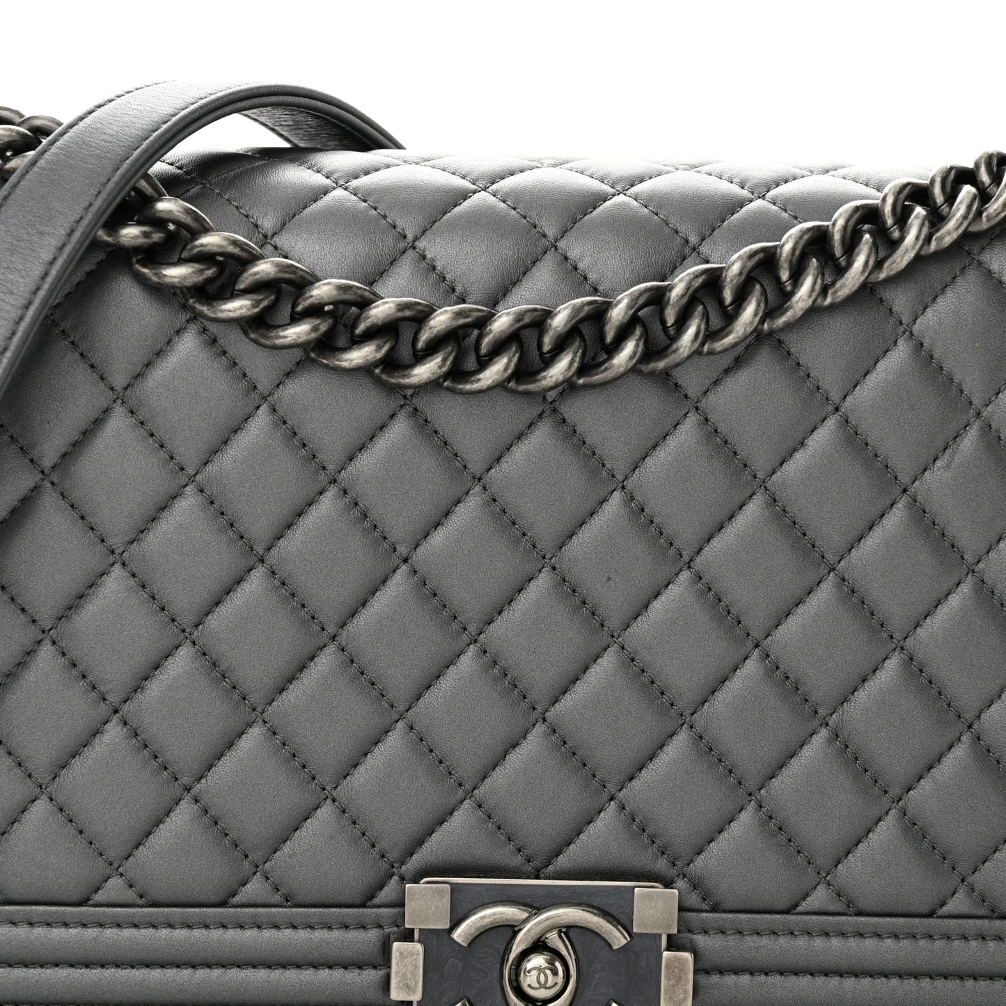 Metallic Calfskin Quilted New Medium Boy Flap Dark Silver