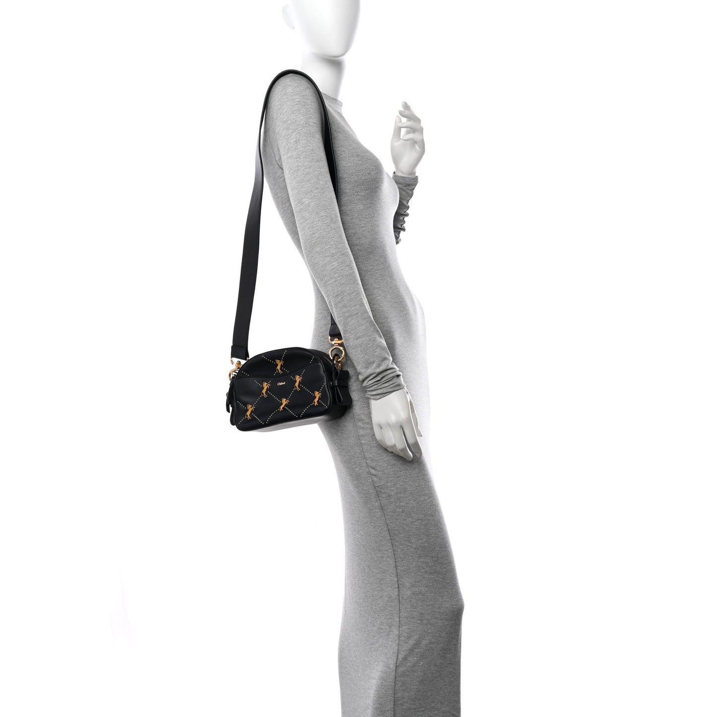 Smooth Calfskin Little Horses Embroidered Shoulder Bag Black