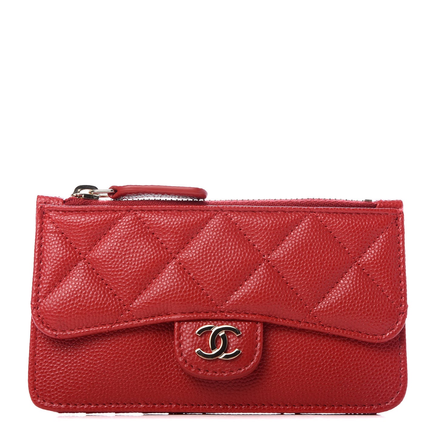 Caviar Quilted Flap Zip Card Holder Red