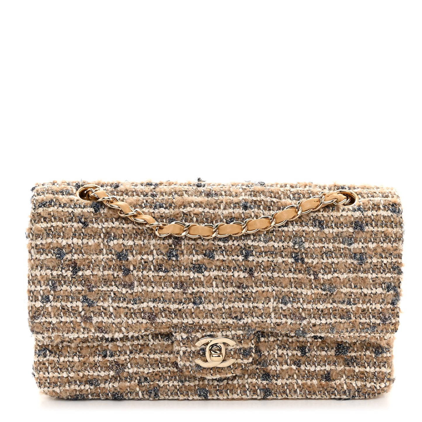 Tweed Quilted Medium Double Flap Beige Gold Multicolor