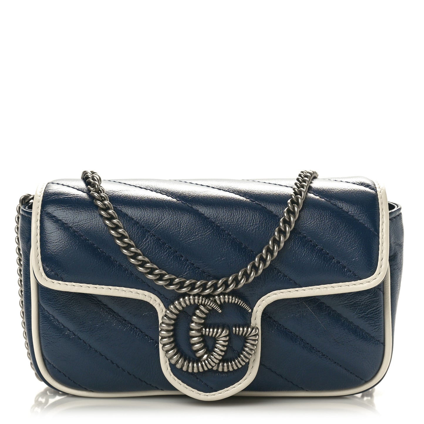 Vintage Effect Calfskin Matelasse Diagonal Super Mini Torchon GG Marmont Shoulder Bag Blue Agata Mystic White