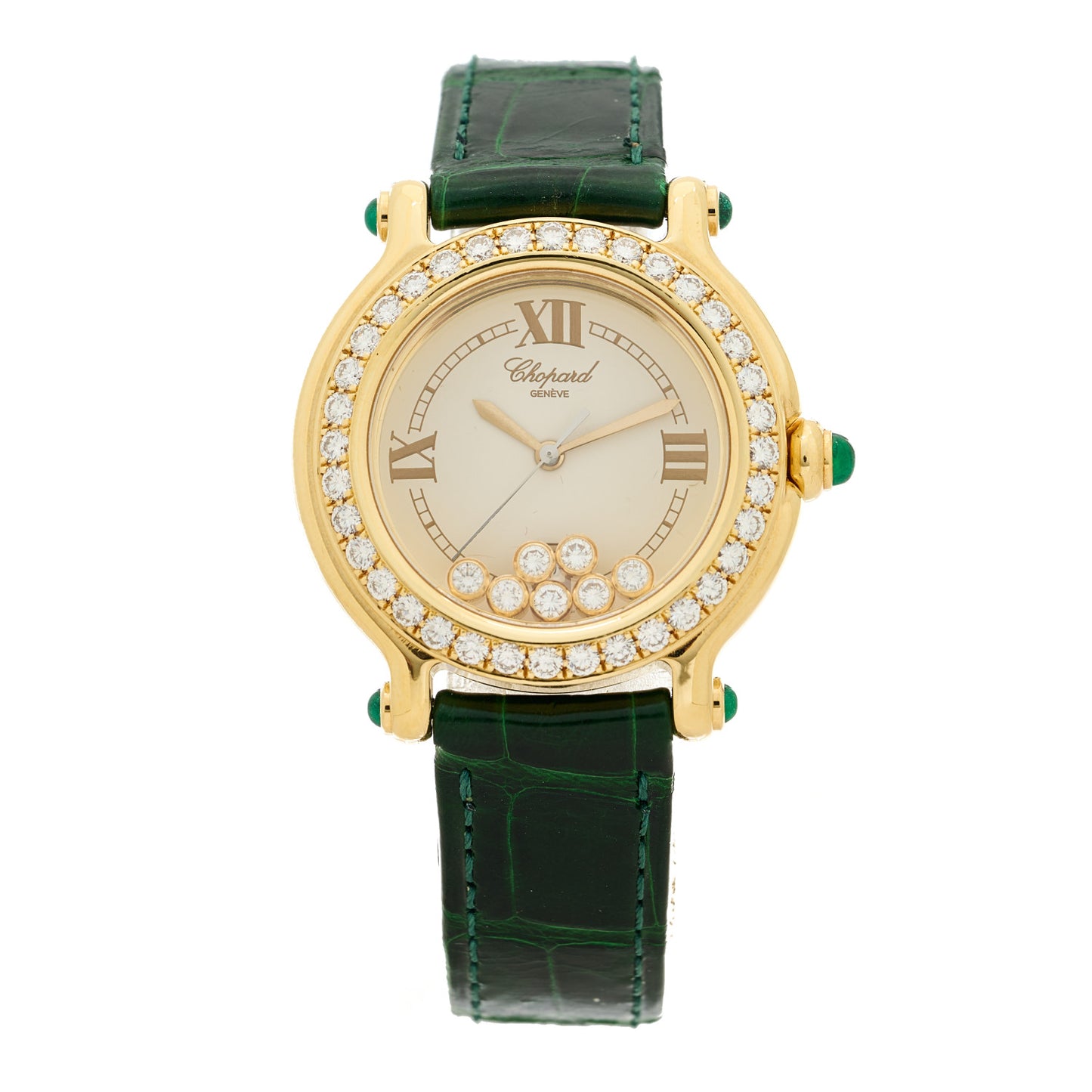 18K Yellow Gold Alligator Diamond Bezel 32mm Happy Sport Quartz Watch Green