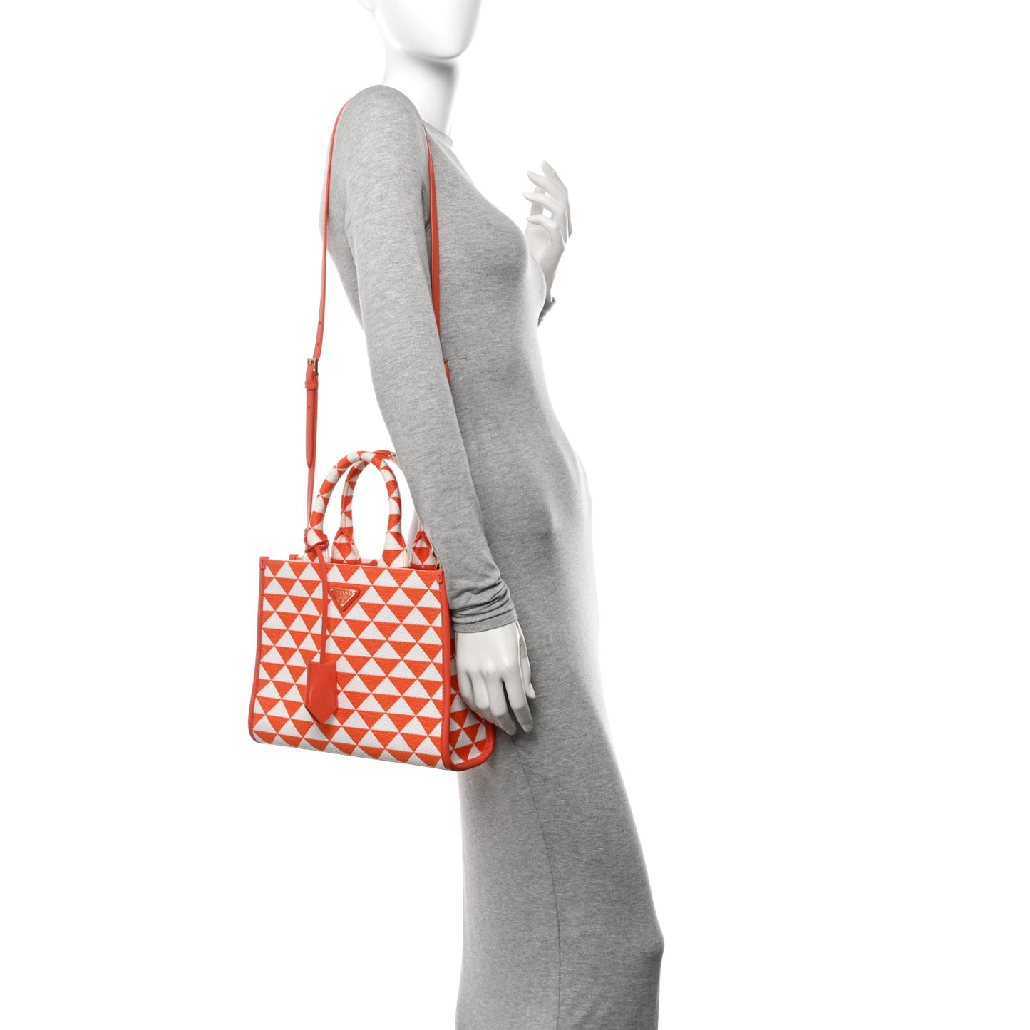 Jacquard Saffiano Triangolo Symbole Embroidered Small Tote Arancio White