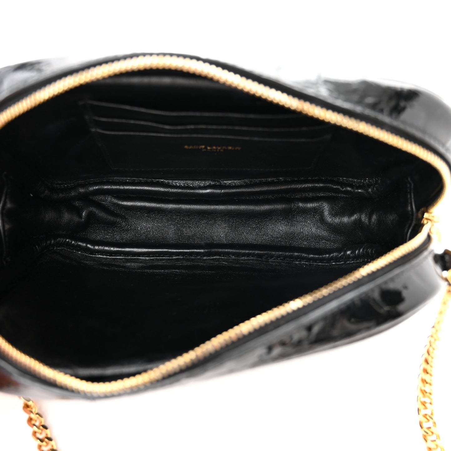 Patent Calfskin Crocodile Embossed Monogram Mini Lou Camera Bag Black