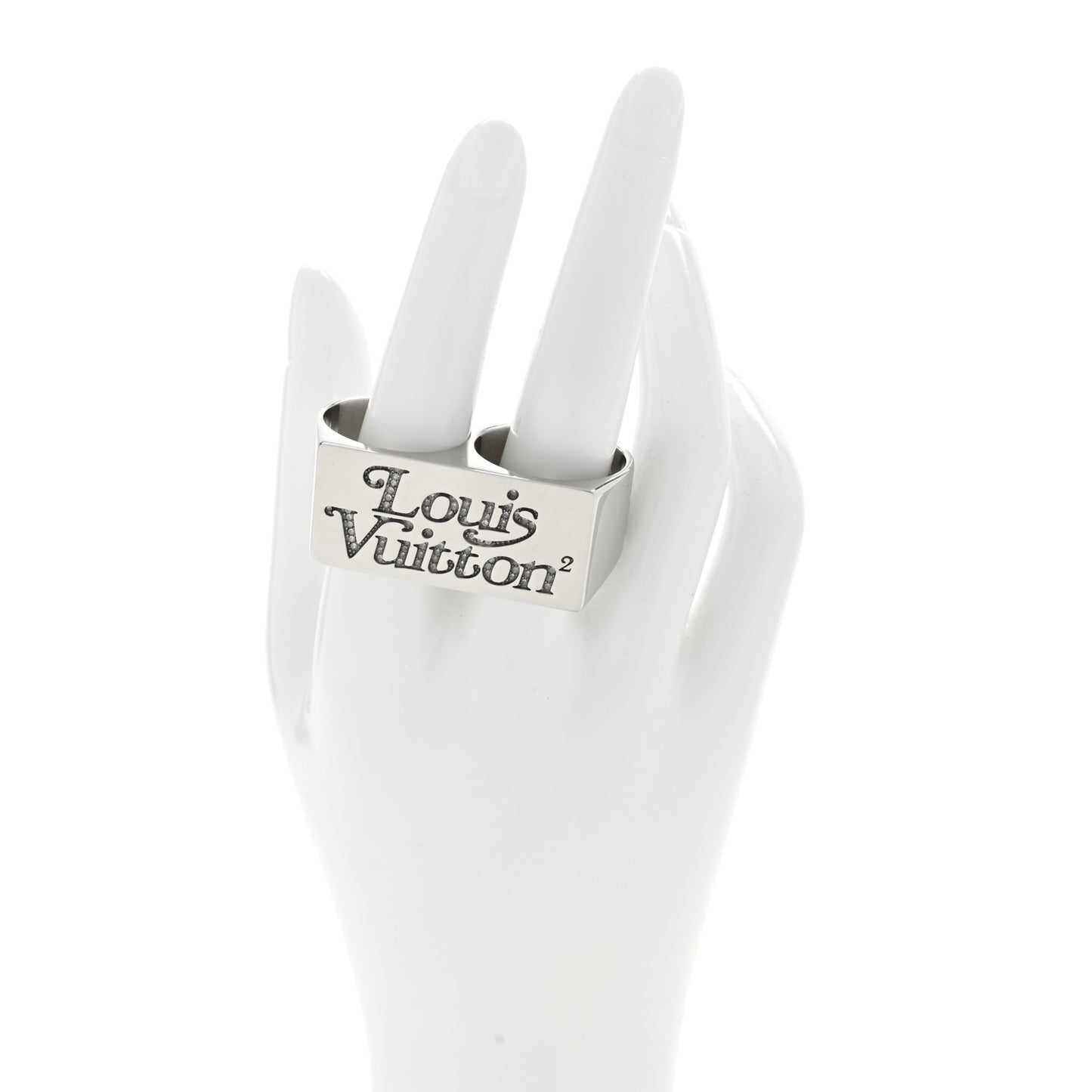 Metal LV Squared Strass Logo Double Ring 63/10.25 Silver