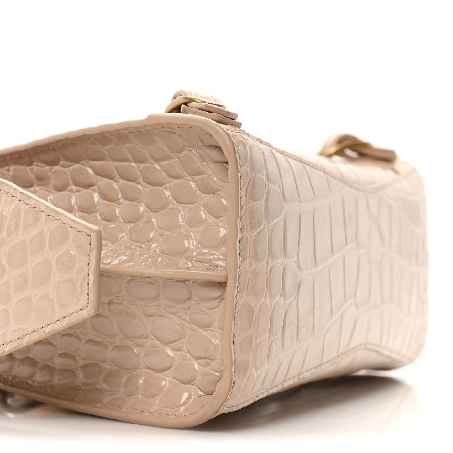 Shiny Supple Calfskin Crocodile Embossed Neo Classic Gold Hardware Mini City Light Beige