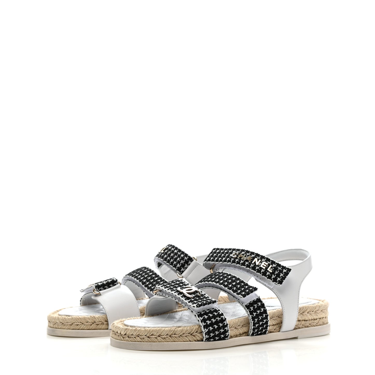 Stretch Fabric Lambskin CC Flat Sandals 39 White Black