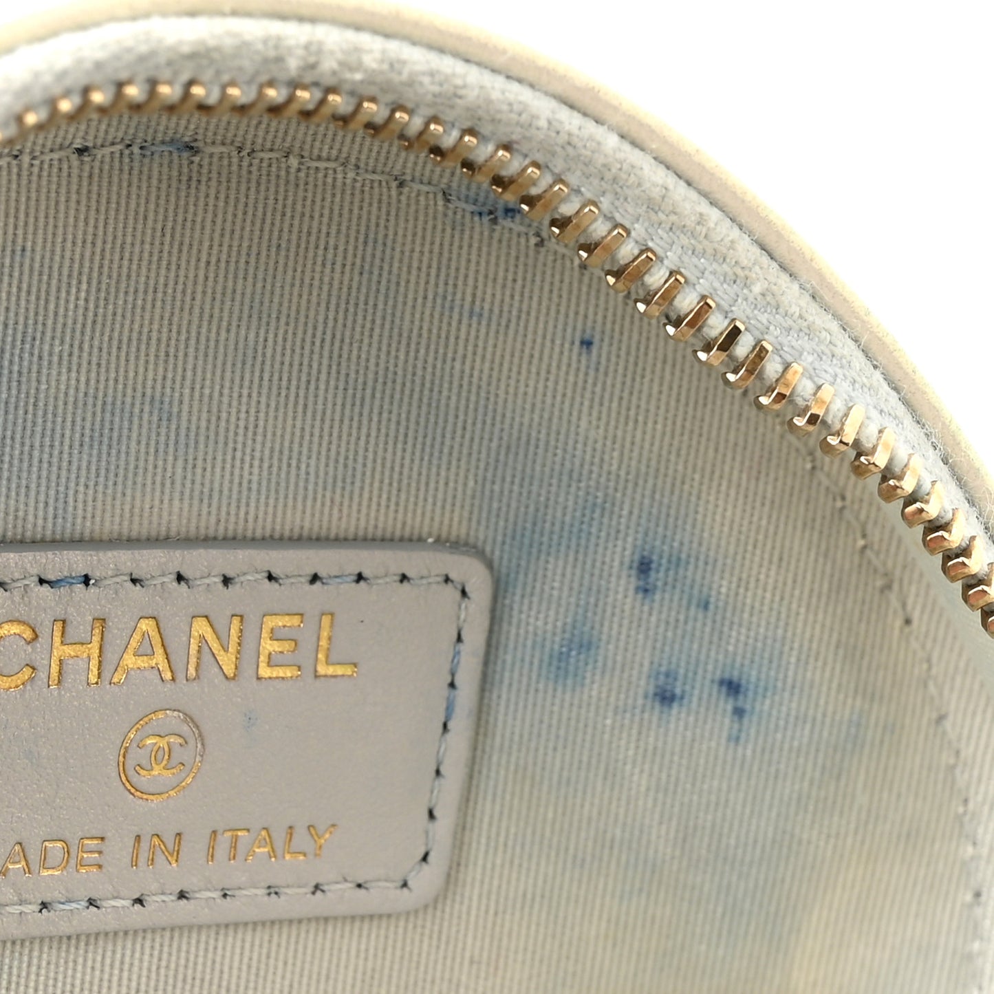 Iridescent Calfskin Quilted Chanel 19 Round Clutch With Chain White