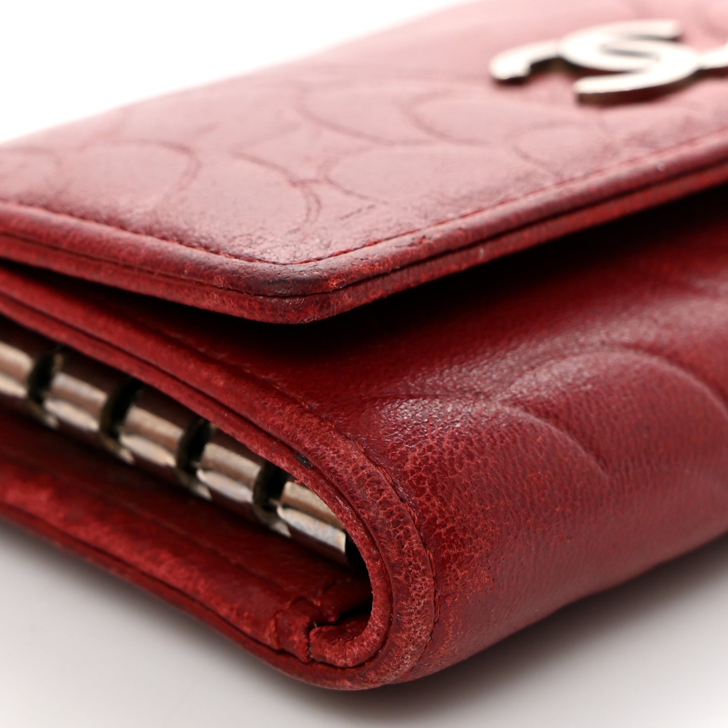 Lambskin Camellia Embossed 4 Key Holder Dark Red