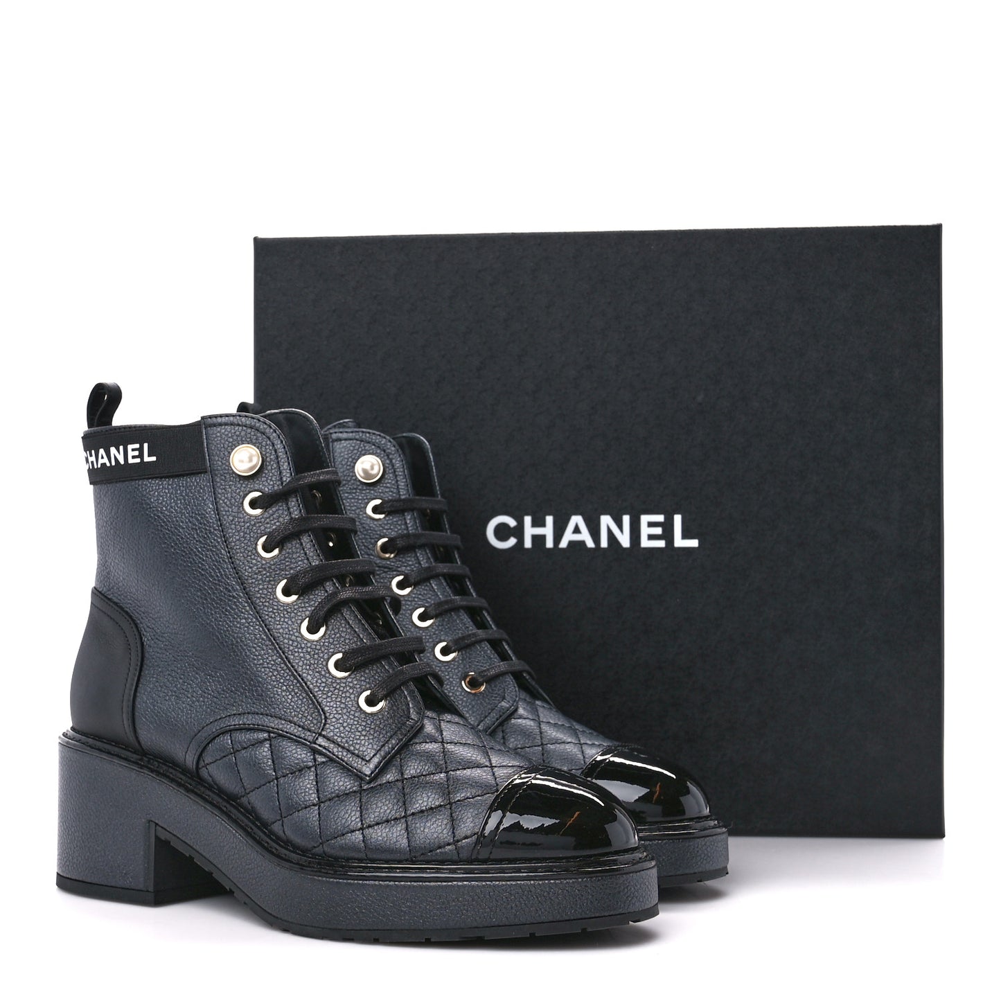 Pearly Calfskin Patent Calfskin Lace Up Combat Boots 36.5 Black