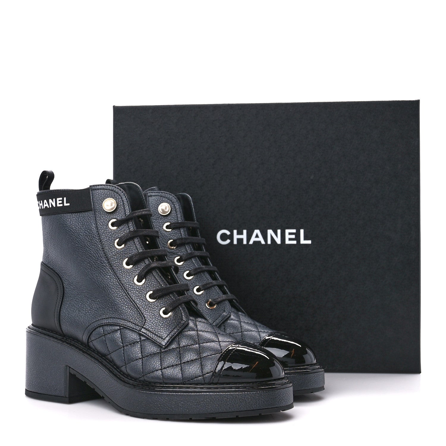 Chanel Pearly Calfskin Patent Calfskin Lace Up Combat Boots 36.5 Black 10 of 10