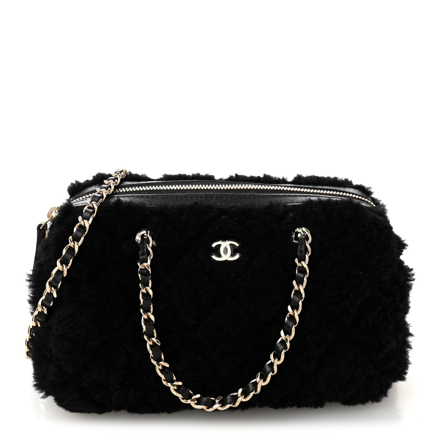 Chanel Shearling Quilted Barrel Clutch With Chain Black 1777071