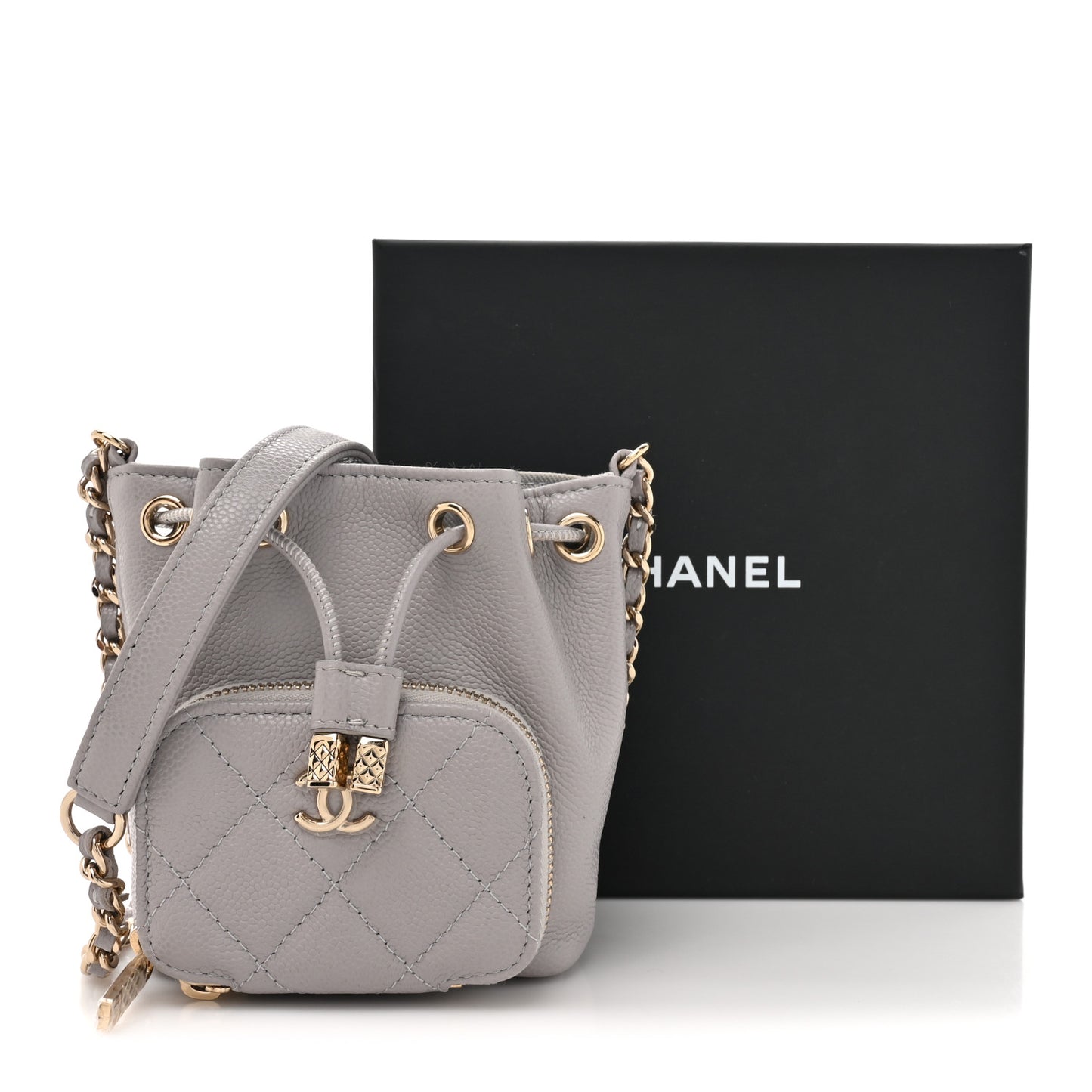 Caviar Quilted Mini CC Pocket Bucket Bag Grey