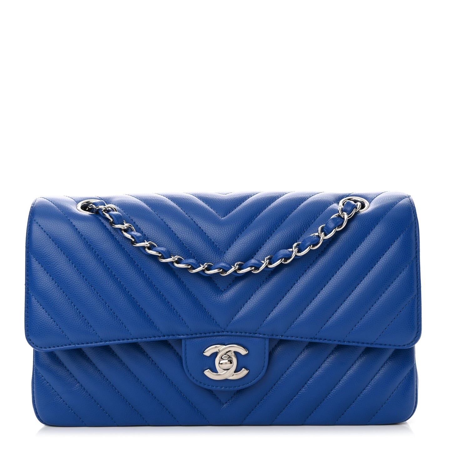 Caviar Chevron Quilted Medium Double Flap Blue