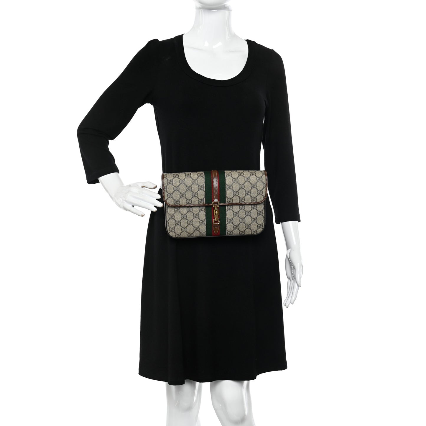 GG Supreme Monogram Azalea Calfskin Web Jackie 1961 Belt Bag 80 32 Beige Ebony Brown Sugar