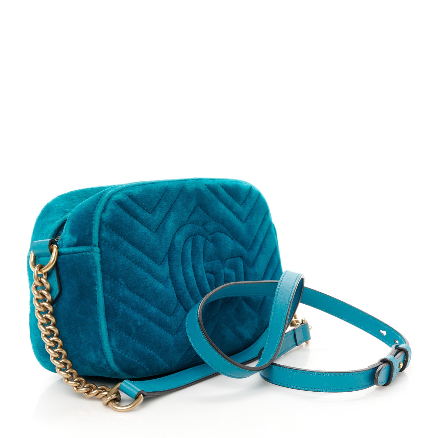 Velvet Matelasse Small GG Marmont Chain Shoulder Bag Pavone Cyan