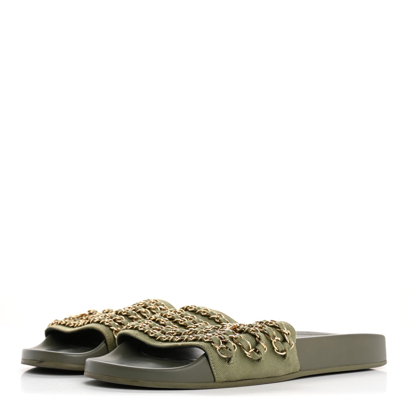 Satin Canvas Chain Slides Sandals Flats 40 Khaki