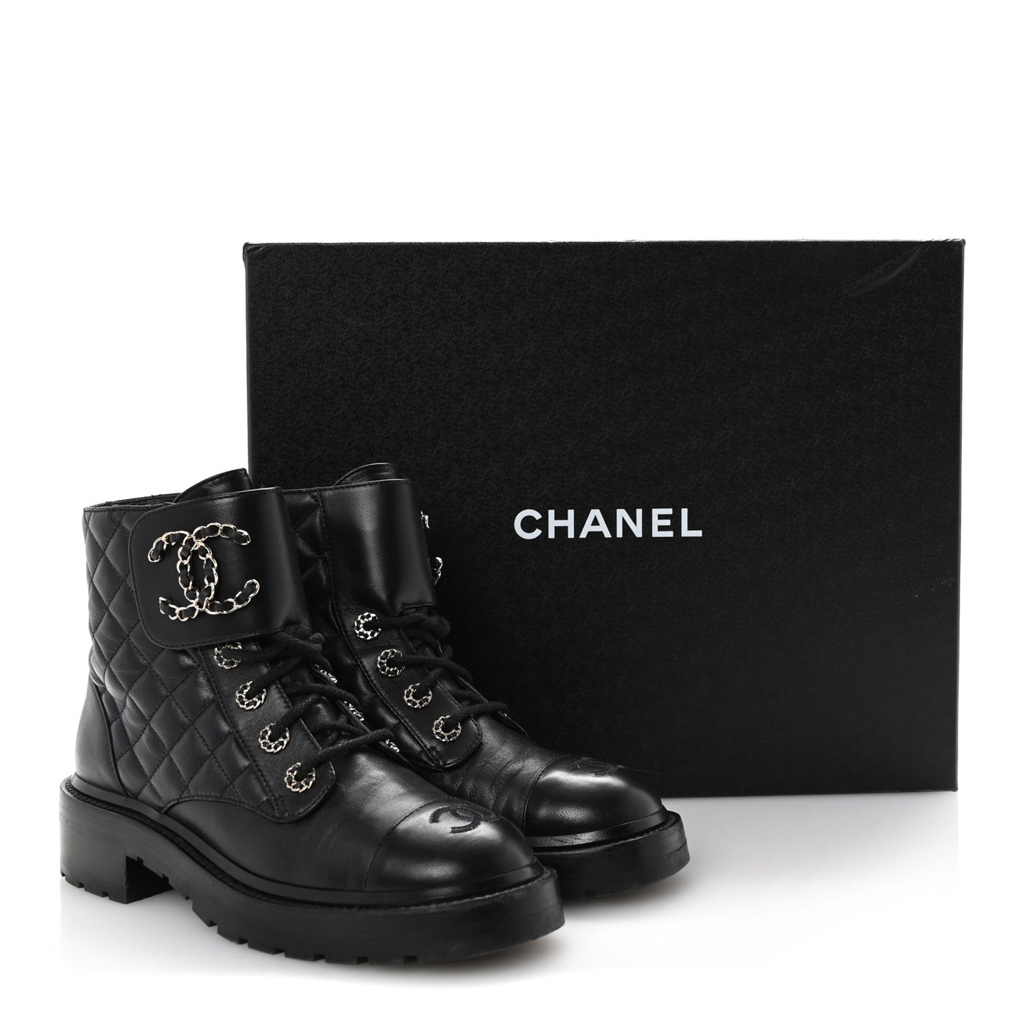 Shiny Lambskin Quilted Lace Up Combat Boots 37 Black