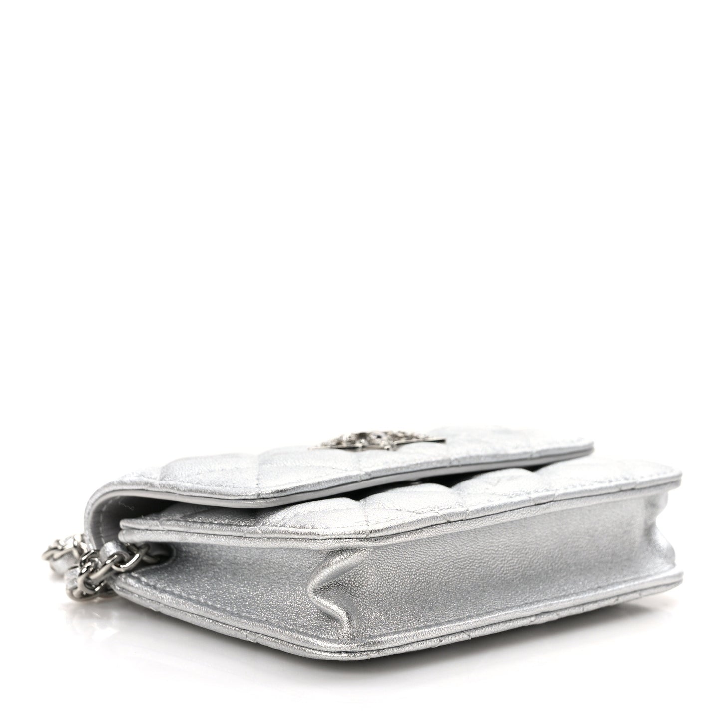 Metallic Goatskin Quilted Star Flap Waist Belt Bag Silver