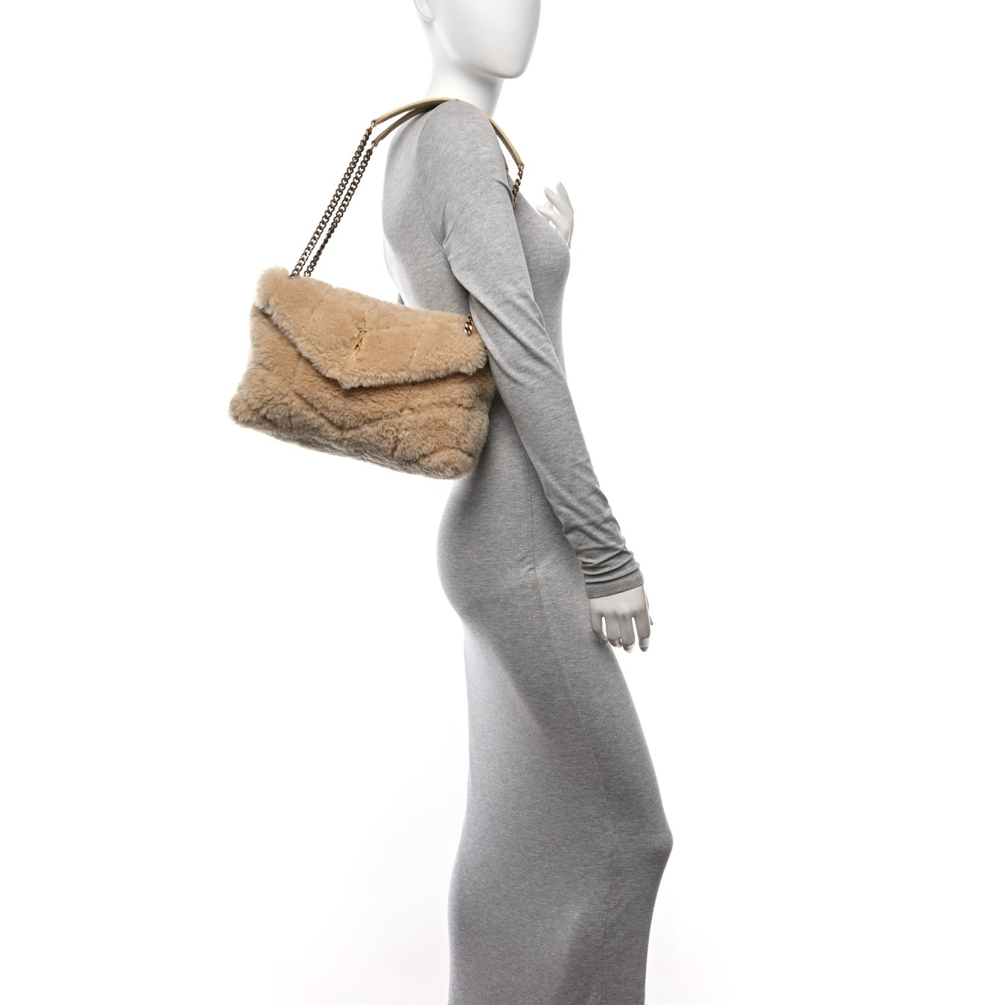 Merino Shearling Lambskin Quilted Small Loulou Puffer Monogram Chain Satchel Natural Beige