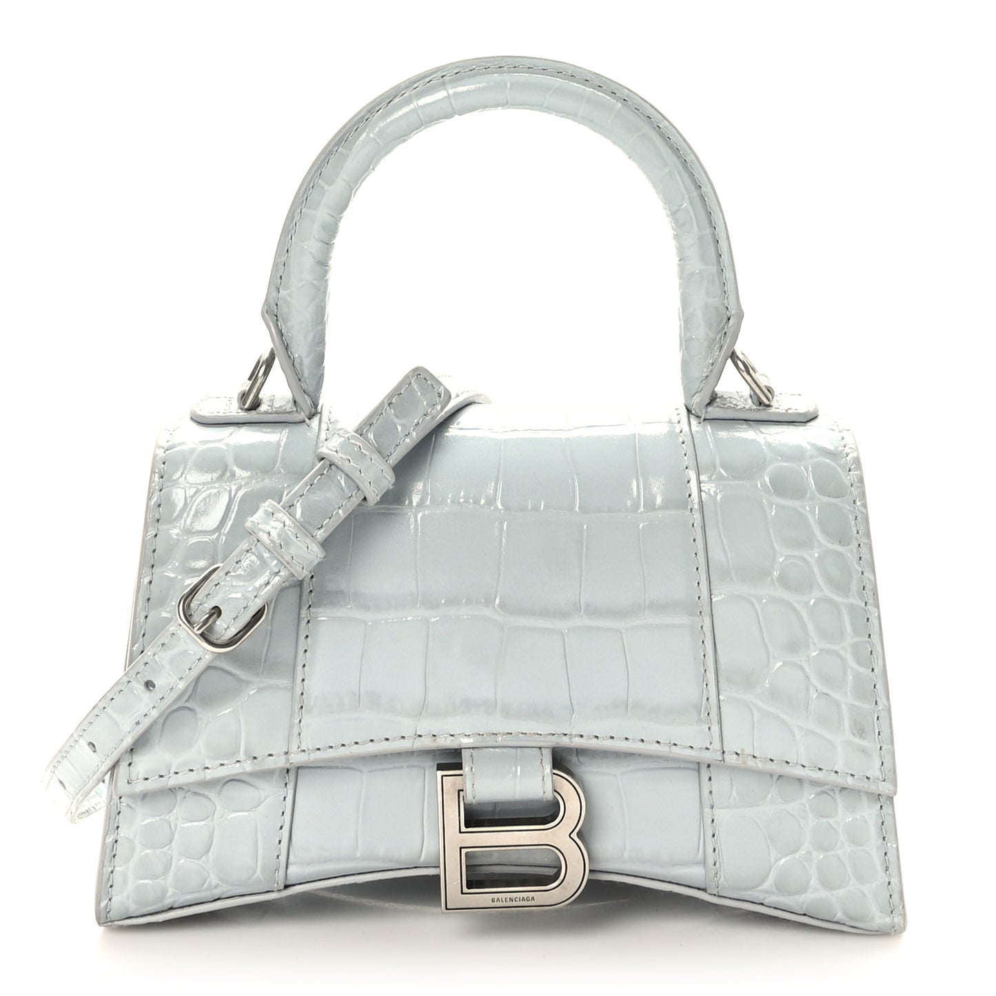 Shiny Calfskin Crocodile Embossed Hourglass Top Handle Bag XS Ash Blue