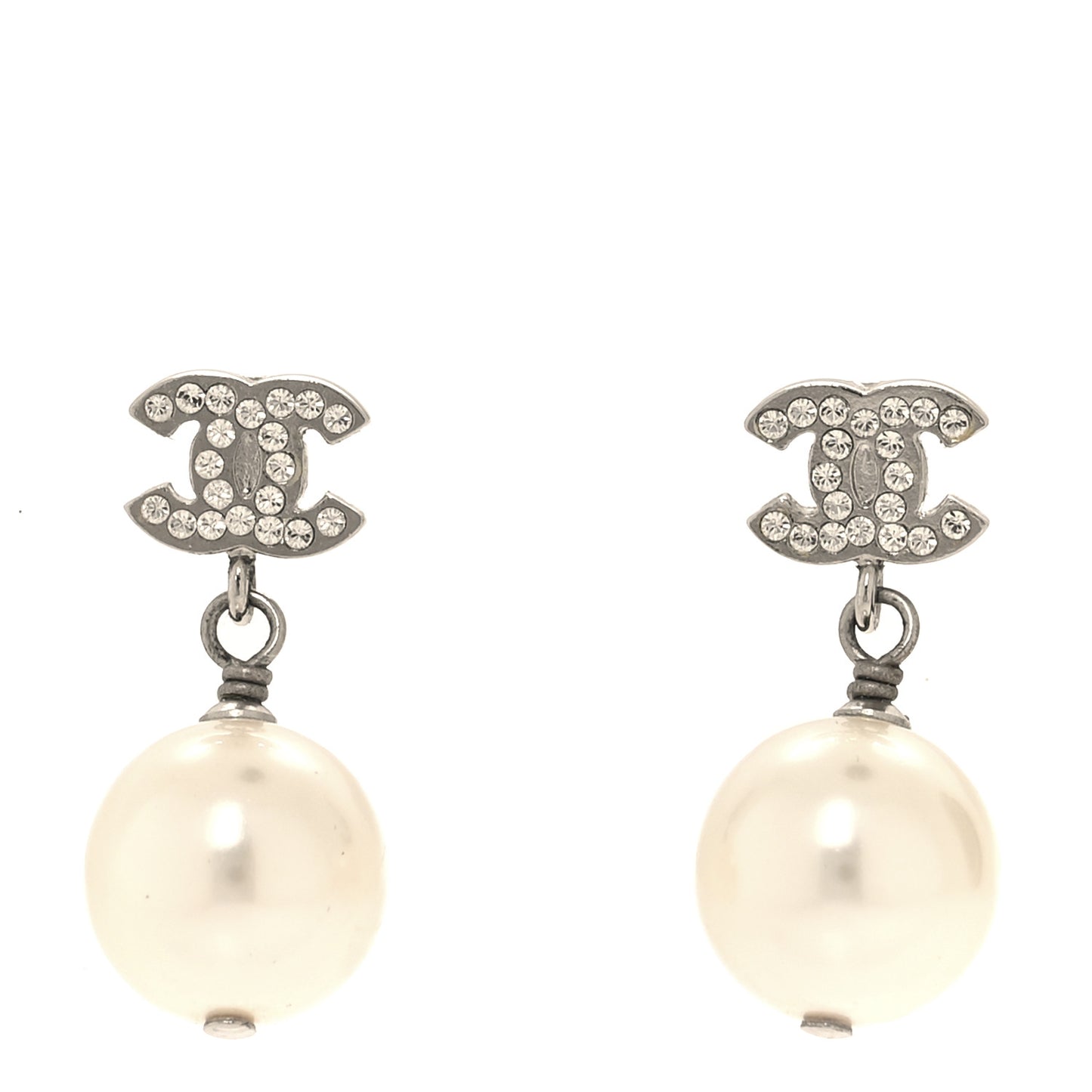 Crystal Pearl CC Drop Earrings Silver Pearly White