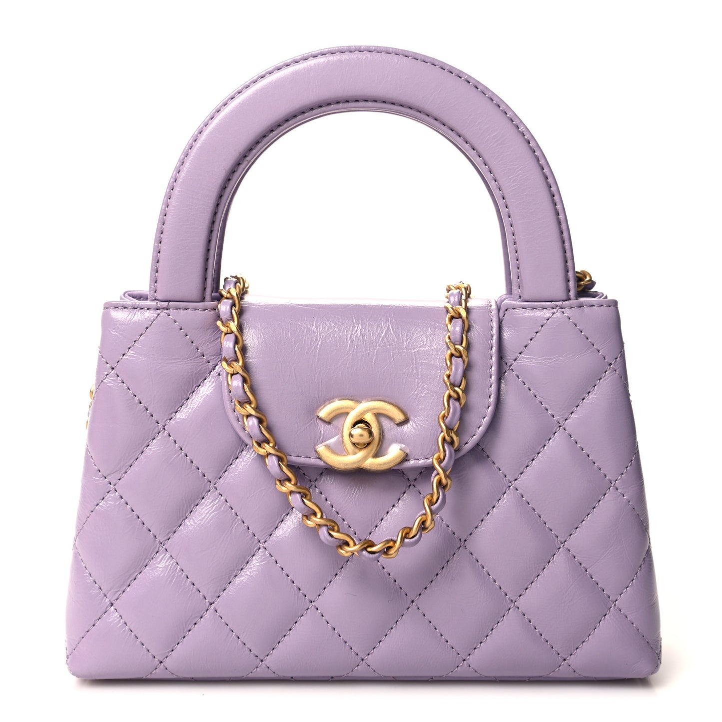 Shiny Aged Calfskin Quilted Nano Kelly Shopper Lilac