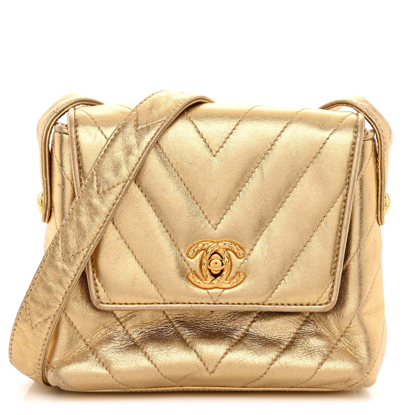 Metallic Lambskin Chevron Quilted Micro Flap Bag Gold