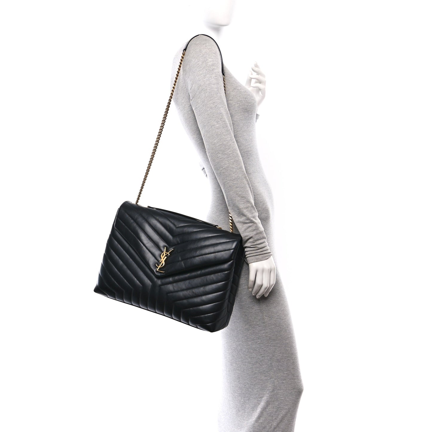 Calfskin Y Quilted Monogram Large Loulou Chain Satchel Black