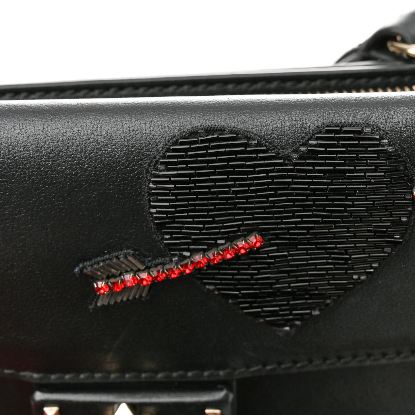 Calfskin Crystal Bead Embellished Mini Rockstud Love Story Ruffle Strap Bag Black