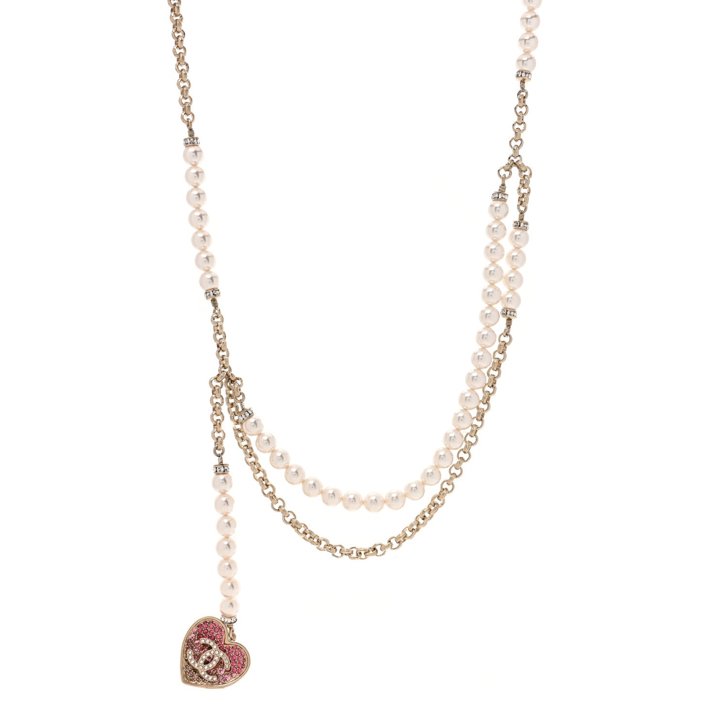 Chanel Pearl Crystal CC Heart Multi Strand Necklace Gold 1 of 5