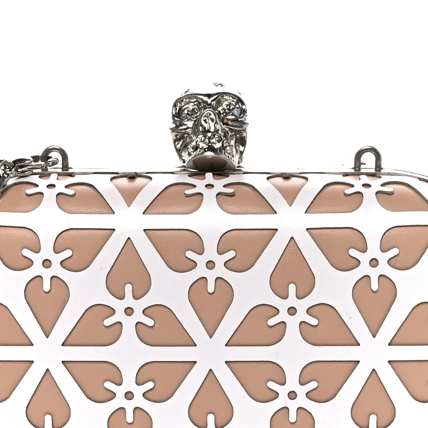 Nappa Laser-Cut Skull Box Chain Clutch Nude White