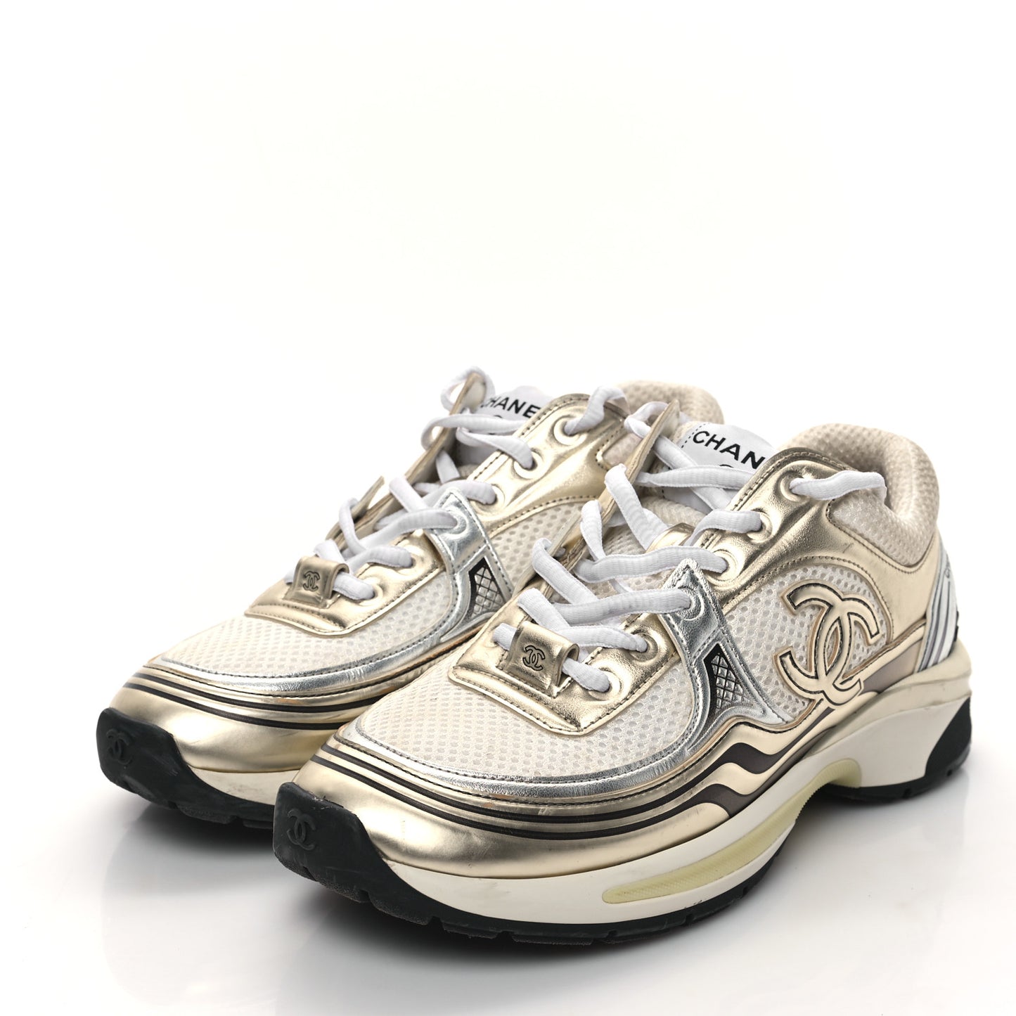 Fabric Laminated Calfskin Stretch CC Sneakers 38 White Gold Silver