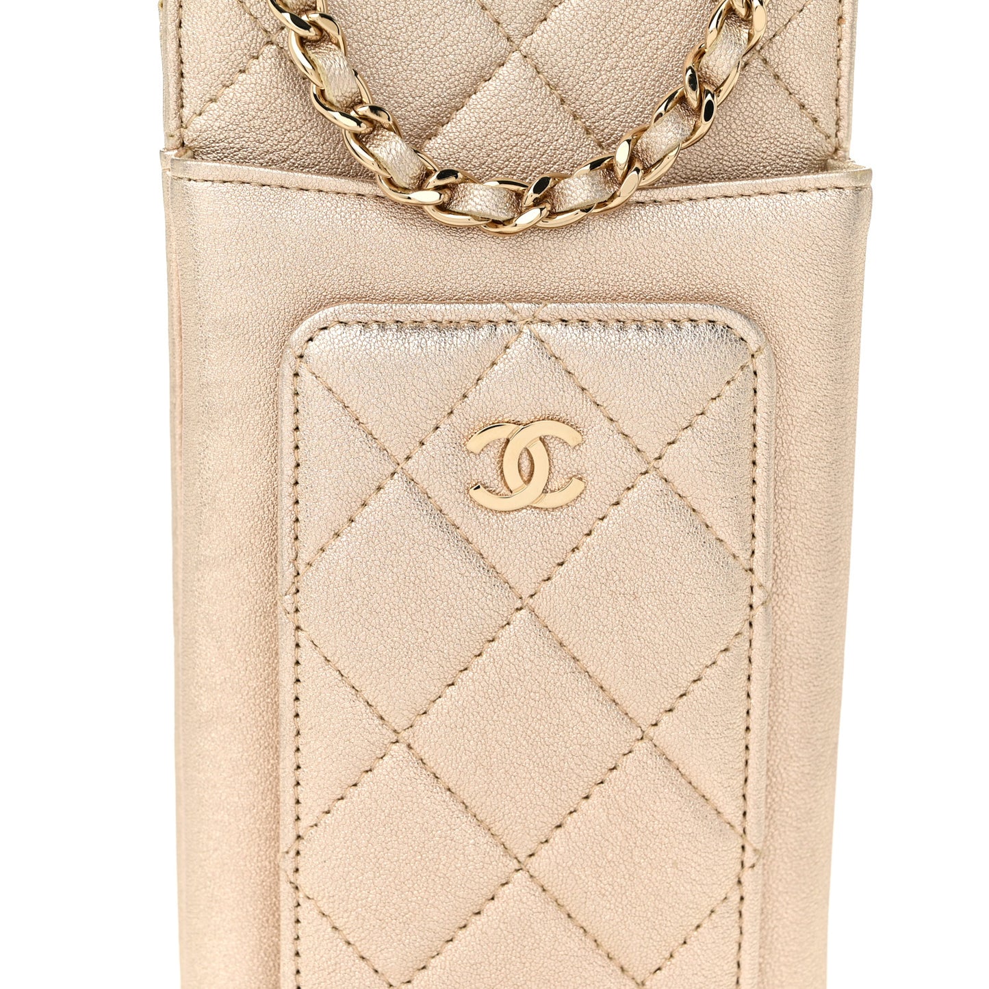Metallic Lambskin Quilted Zip Phone Case Gold