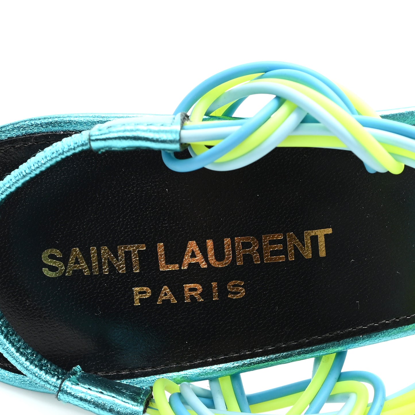 Metallic Calfskin Gippy 105 Sandals 38.5 Cerulean Giallo Fluo