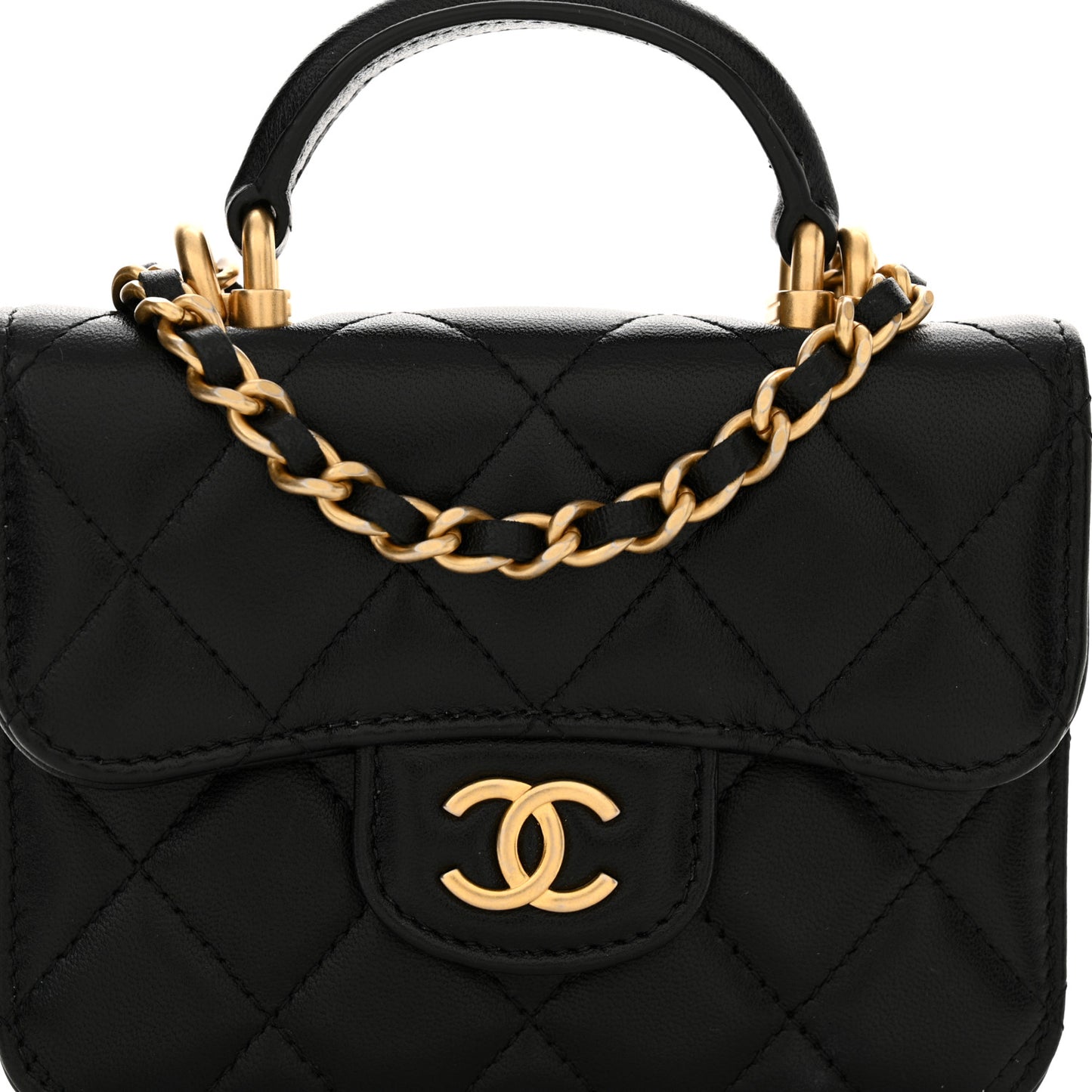 Lambskin Quilted Top Handle Flap Coin Purse With Chain Black