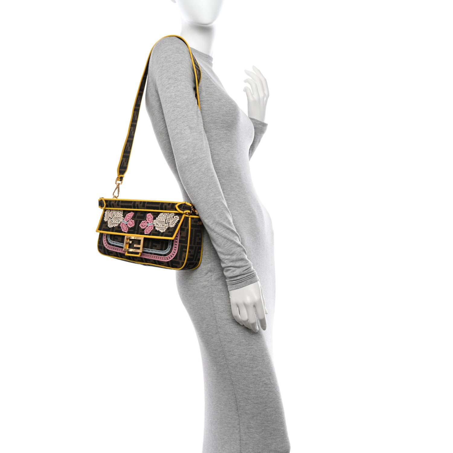 Fendi Fabric Jacquard FF Floral Embroidered Baguette Tobacco Moro Multicolor 2 of 9