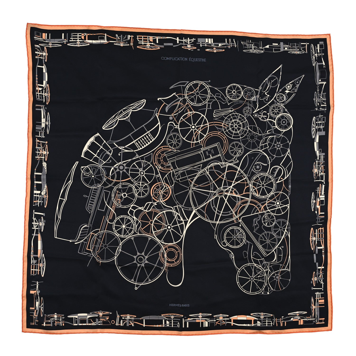 Hermes Silk Complication Equestre Scarf 90 Black Abricot White