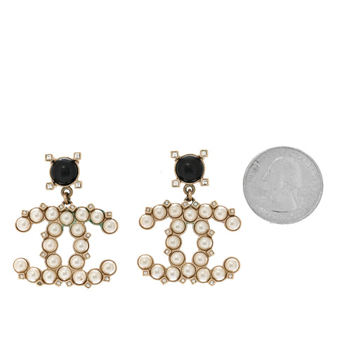 Resin Crystal Pearl CC Drop Earrings Black Gold