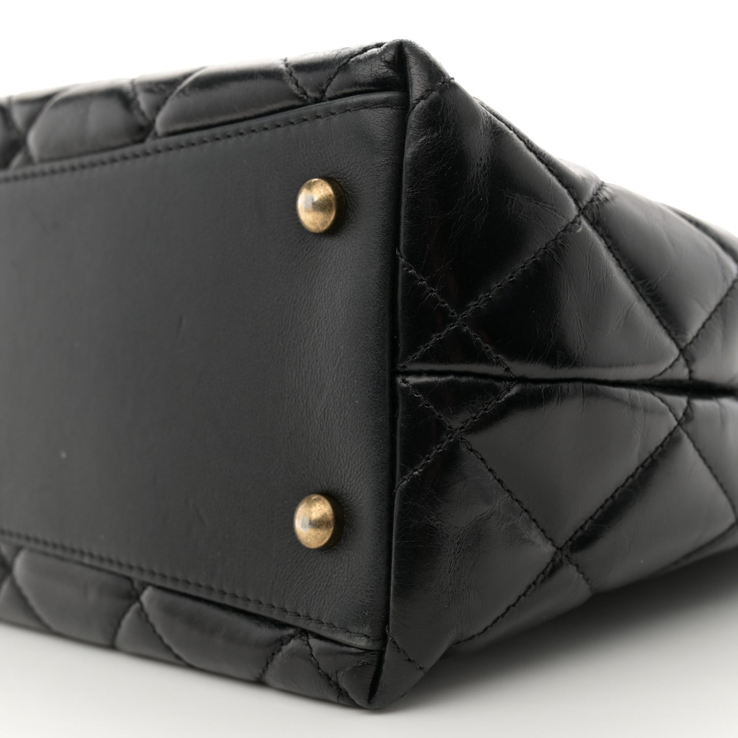Glazed Calfskin Quilted Gold Bar Tote Black