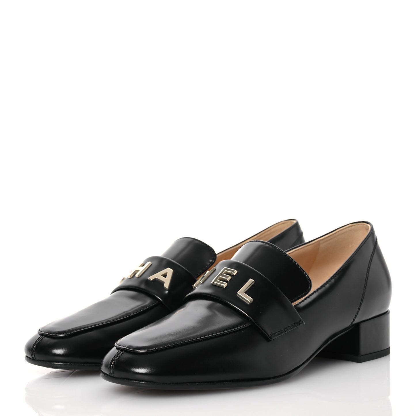 Shiny Calfskin Logo Loafers 37 Black