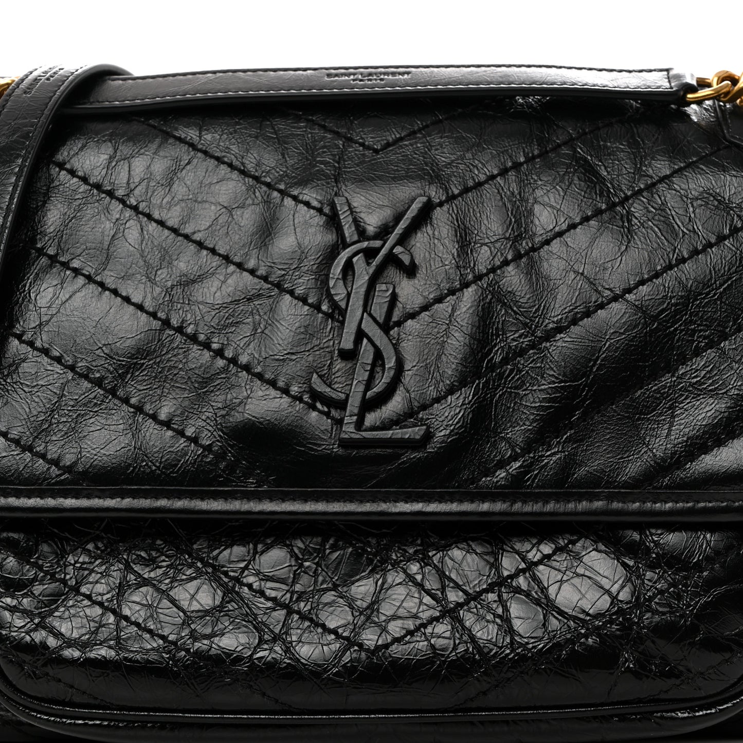 Crinkled Calfskin Matelasse Monogram Medium Niki Chain Satchel Black