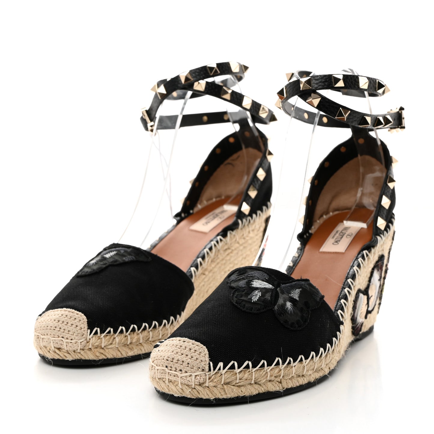 Canvas Butterfly Embroidered Rockstud Ankle Strap Espadrille 15/85mm Wedge Sandals 41 Black
