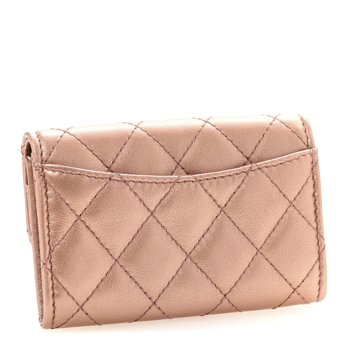 Metallic Lambskin Quilted Flap Card Holder Wallet Dark Pink