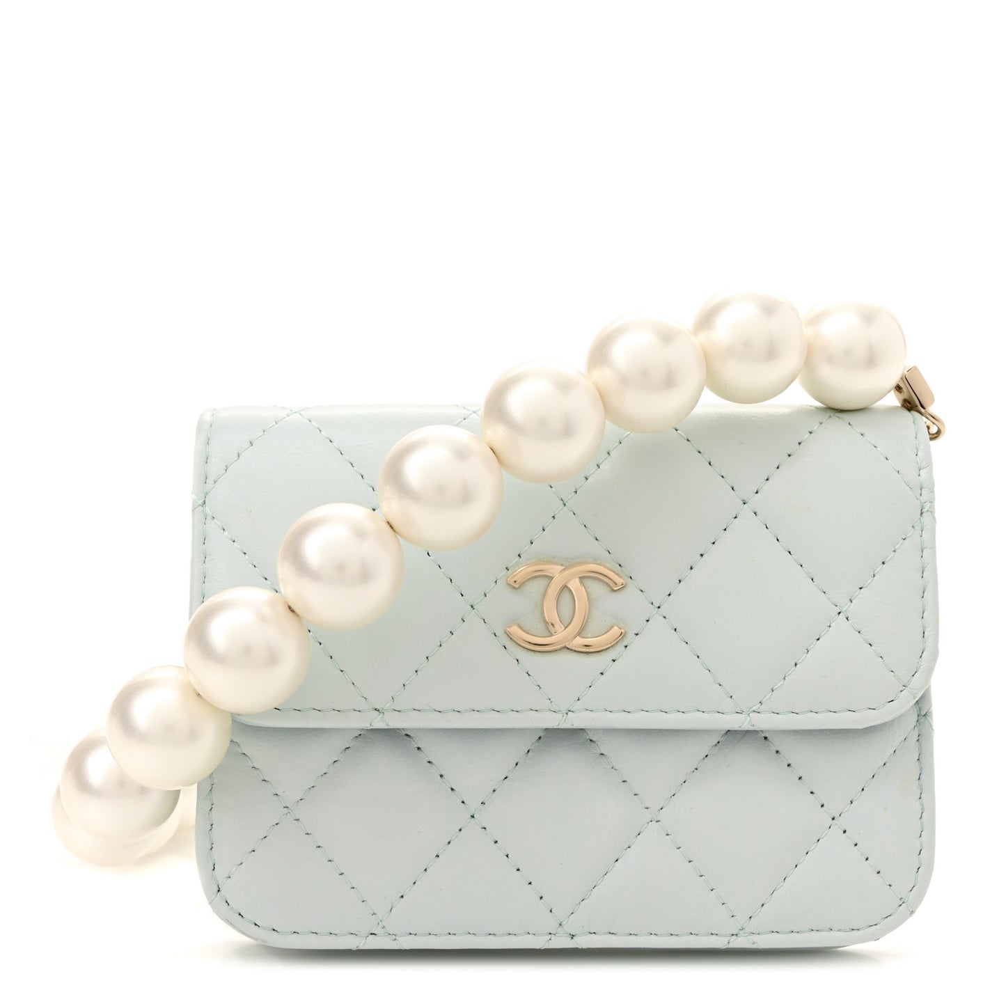 Calfskin Quilted Maxi Pearls Card Holder Flap With Chain Light Blue