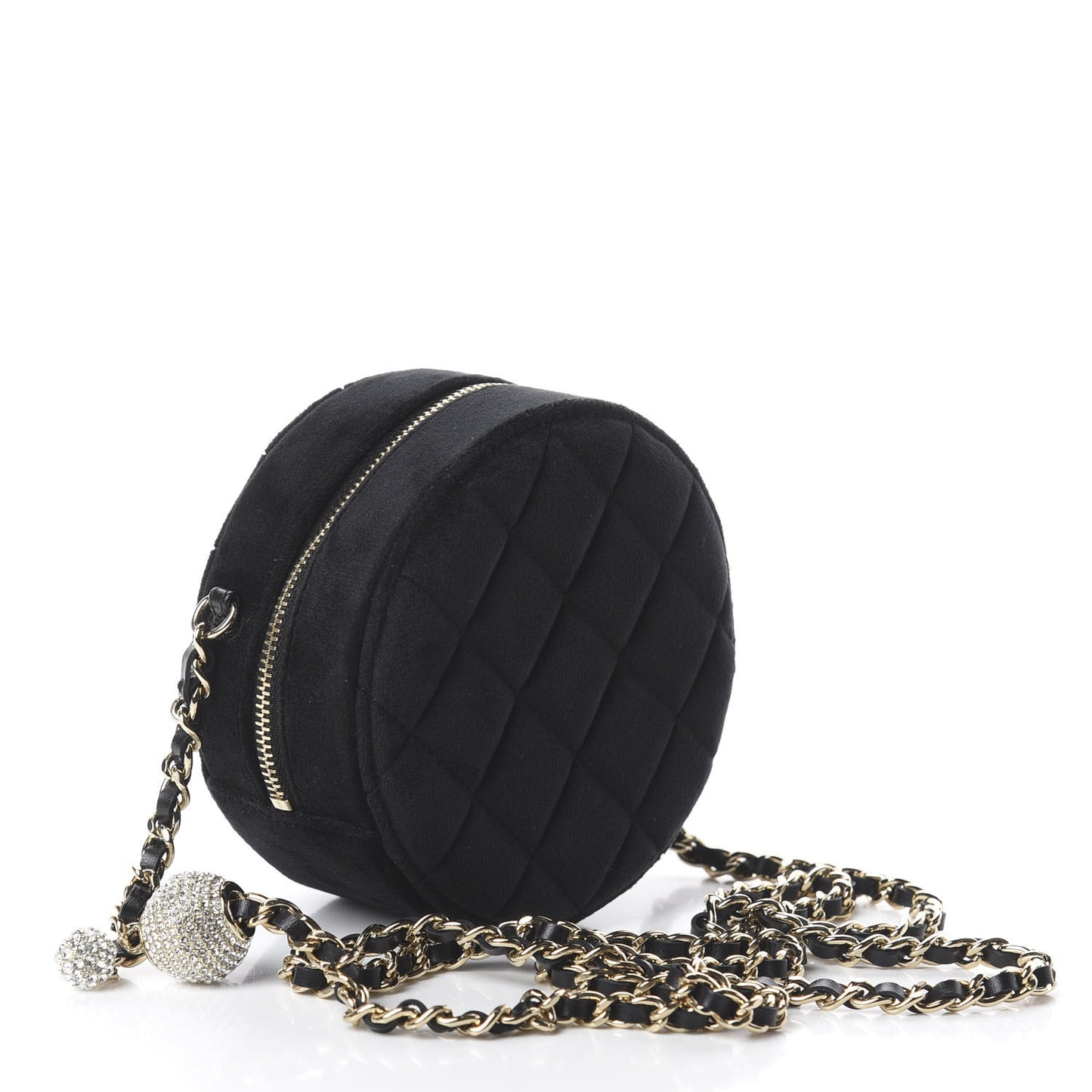 Velvet Round Quilted Pearl Crush Clutch With Chain Black