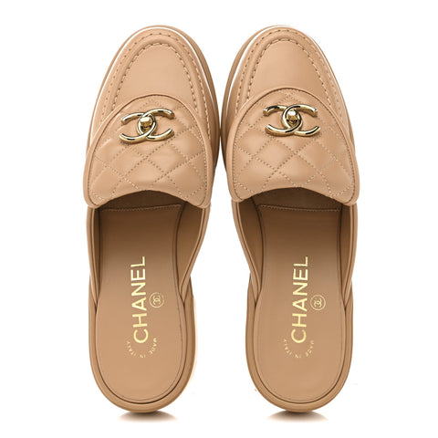 Lambskin Quilted CC Turnlock Mules 37.5 Light Beige