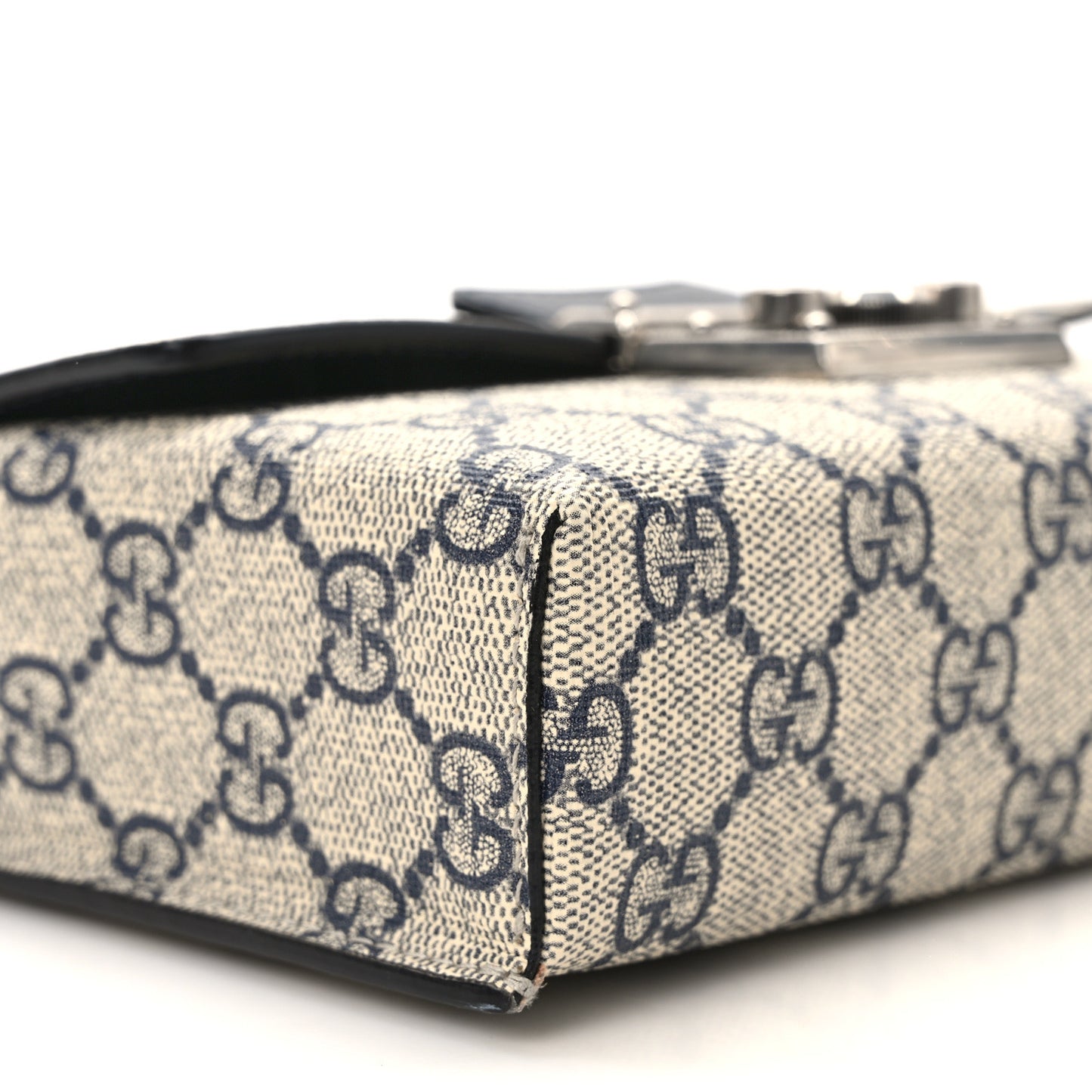 GG Supreme Monogram Textured Dollar Calfskin Web Mini Padlock Top Handle Shoulder Bag Beige Blue